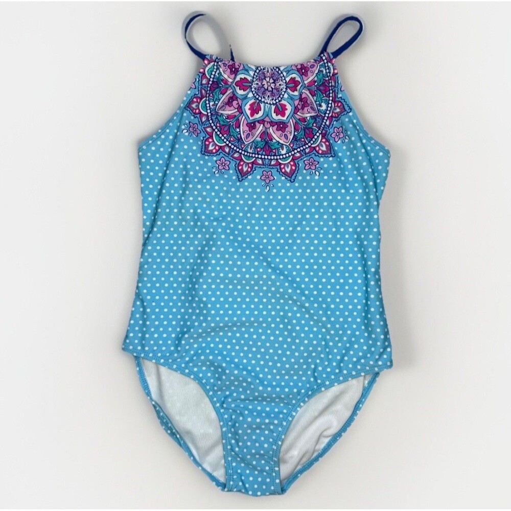 Wallflower One-Piece Swimsuit Girls Size 10 Blue Polka Dots